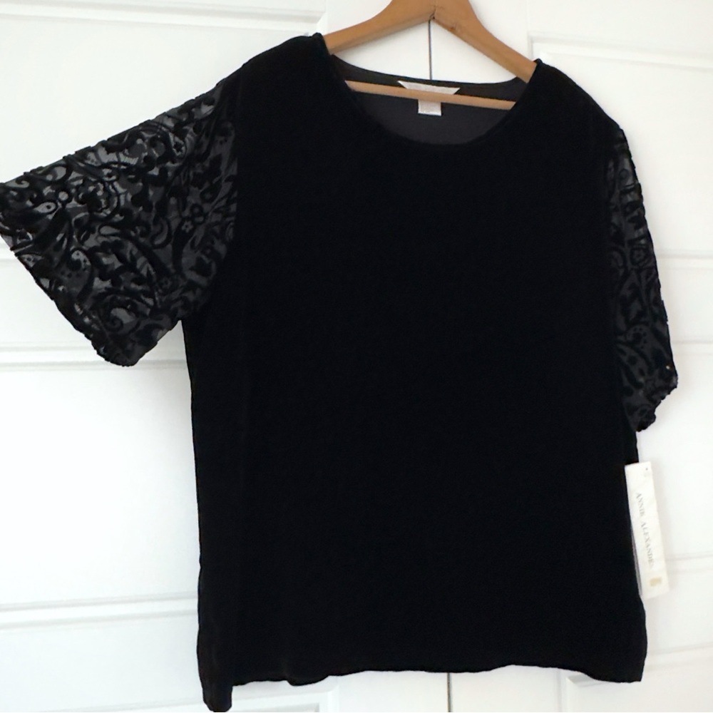 Vintage Annie Alexander Floral Burnout Velvet Top XL Black Silk Short Sleeves